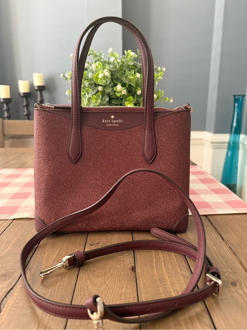 kate spade burgundy glitter satchel with detachable strap